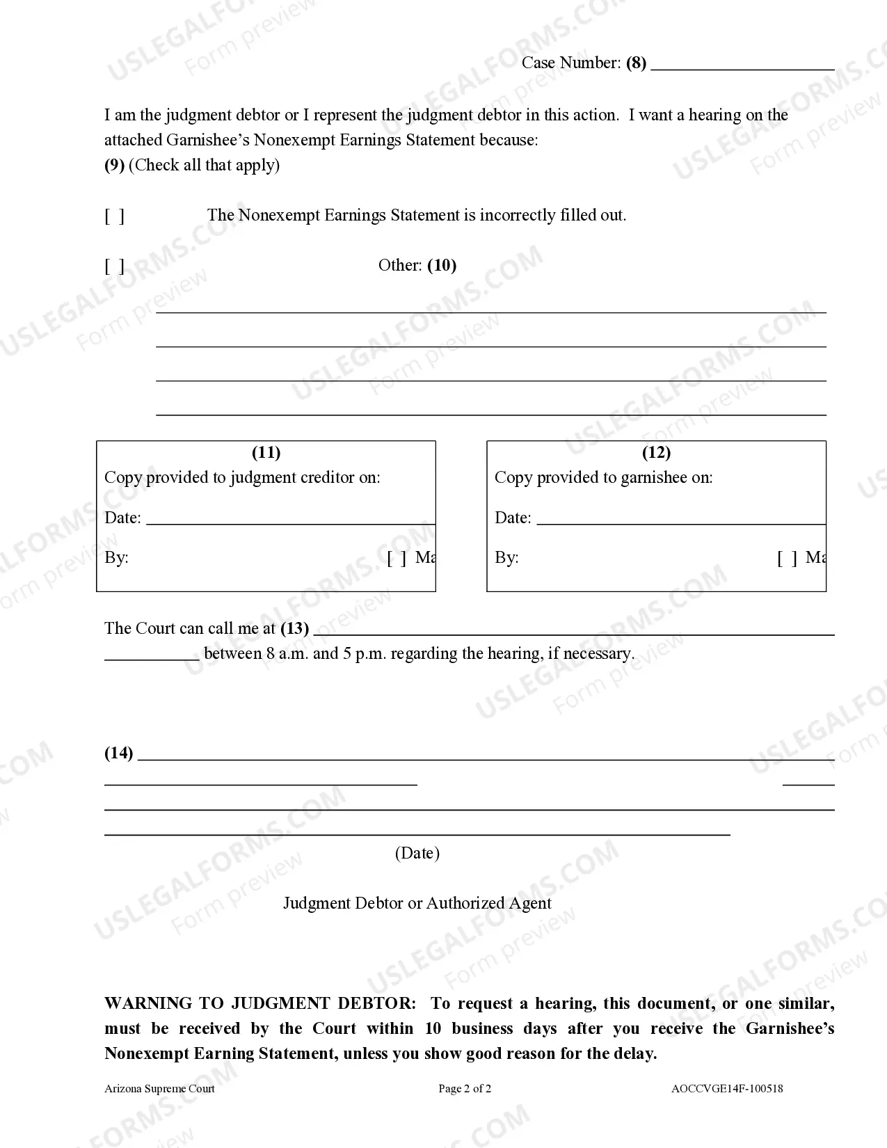 Preview Request for Hearing on Nonexempt Earnings Statement