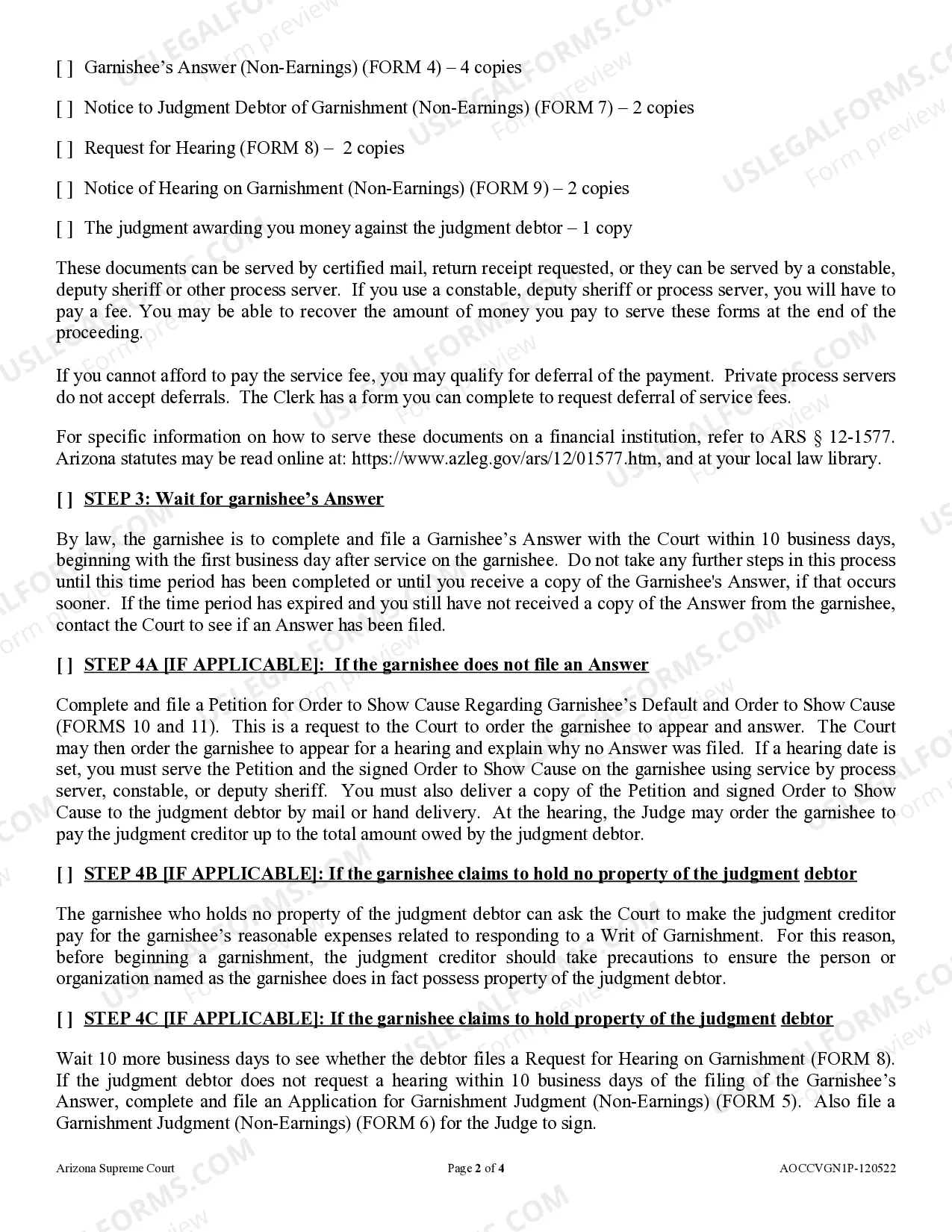 Preview Process Check List for the Judgment Creditor in a Garnishment of Non-Earnings