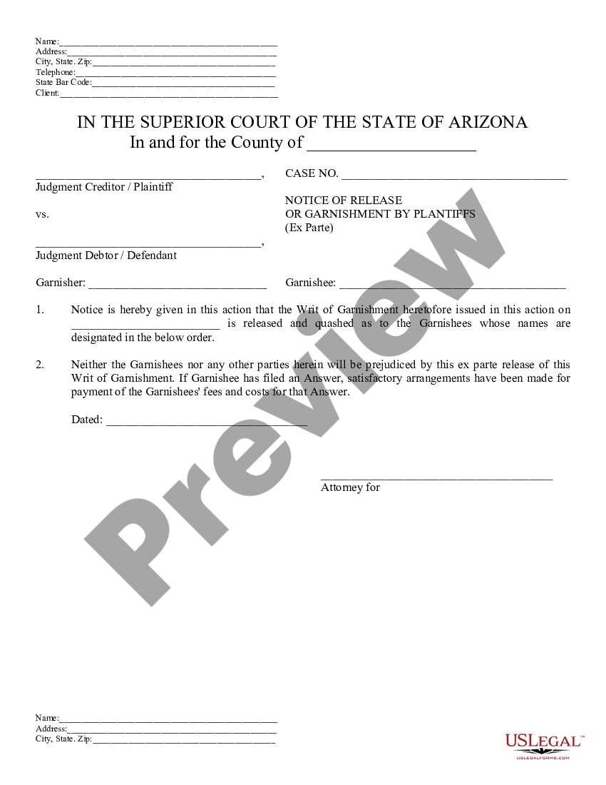 Arizona Notice of Release of Garnishment and Order US Legal Forms