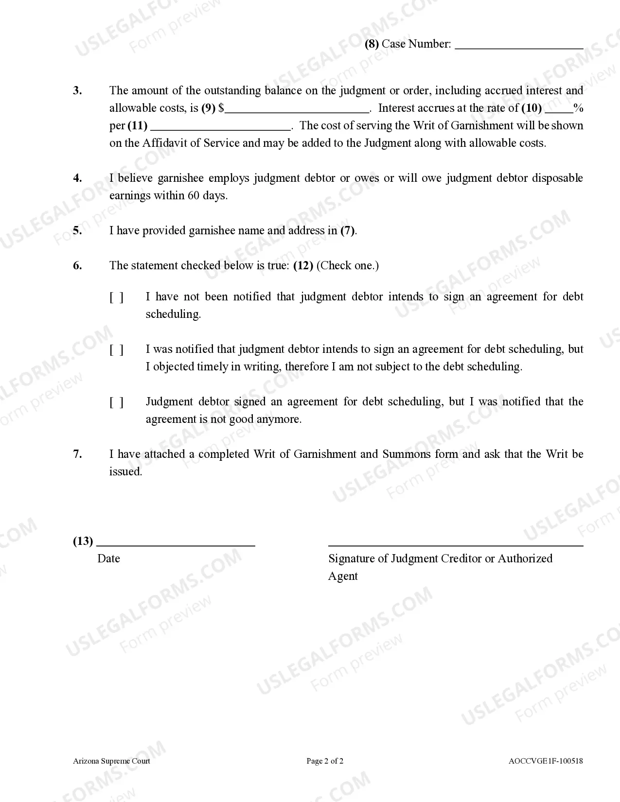 Preview Application for Writ of Garnishment