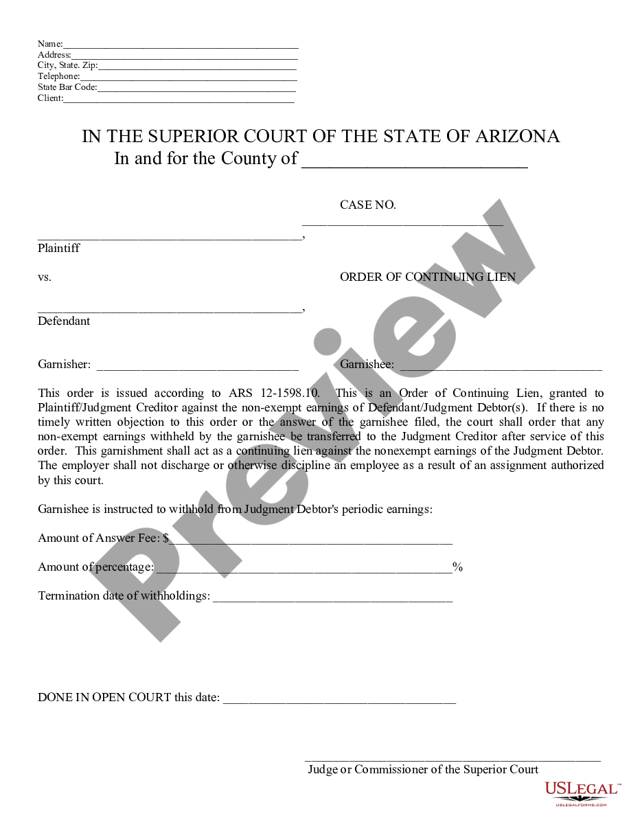 form Order of Continuing Lien preview