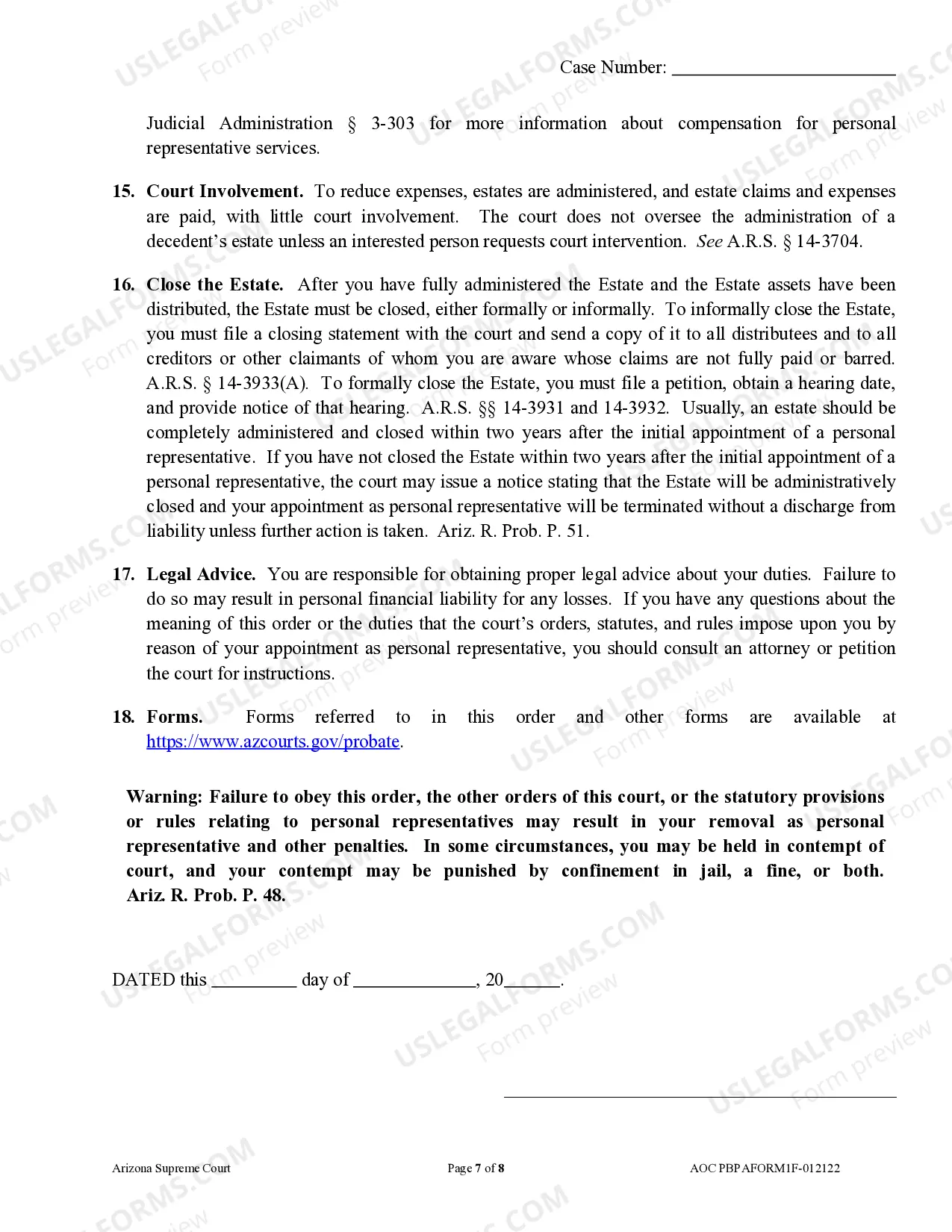 Preview Order To Personal Representative and Acknowledgement and Information to Heirs/Devisees