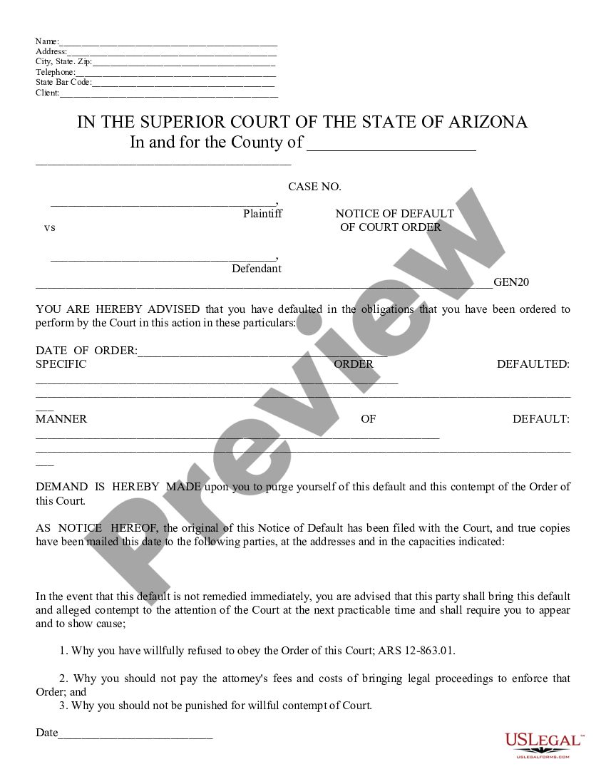 Arizona Notice of Default of Court Order Arizona Notice Court US