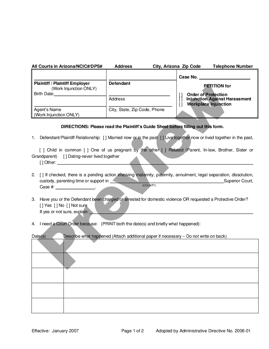 page 0 Petition for Injunction Against Workplace Harassment - Superior Court preview