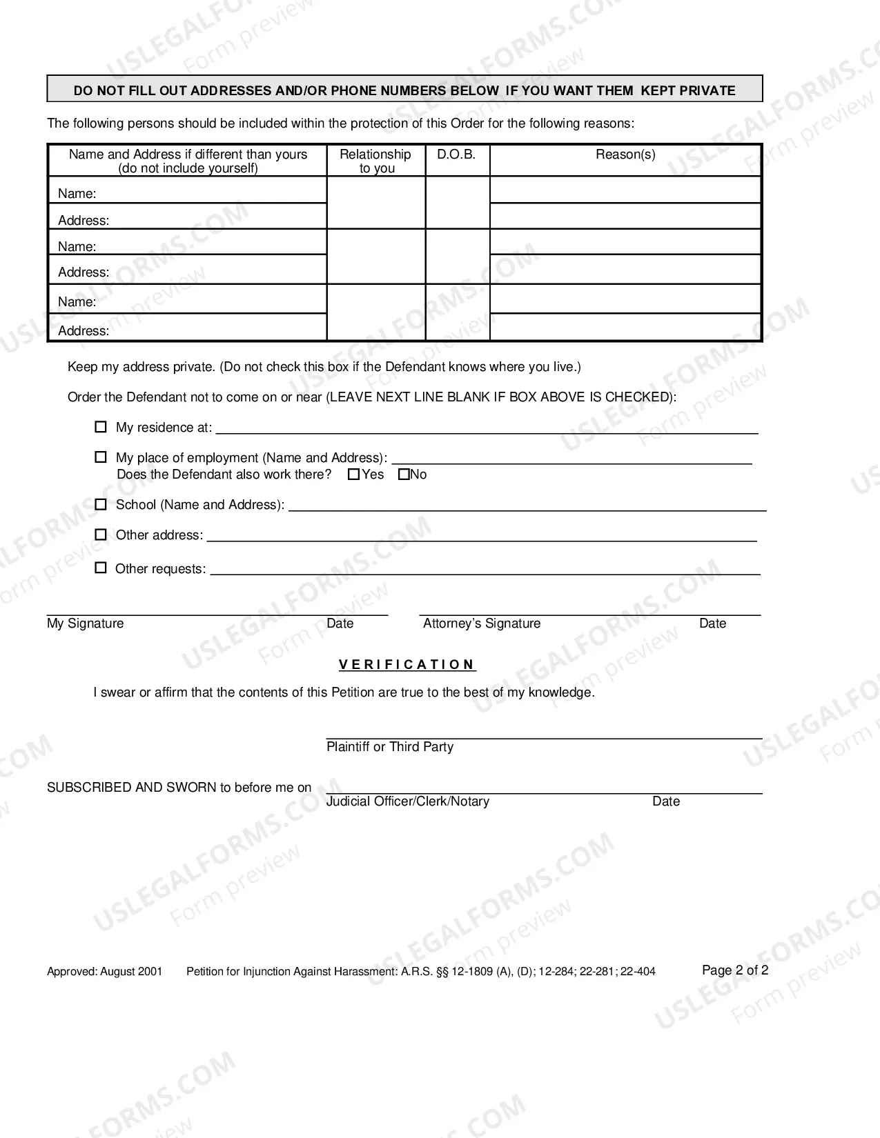 Preview Petition for Injunction Against Harassment - Municipal or Justice of the Peace Courts