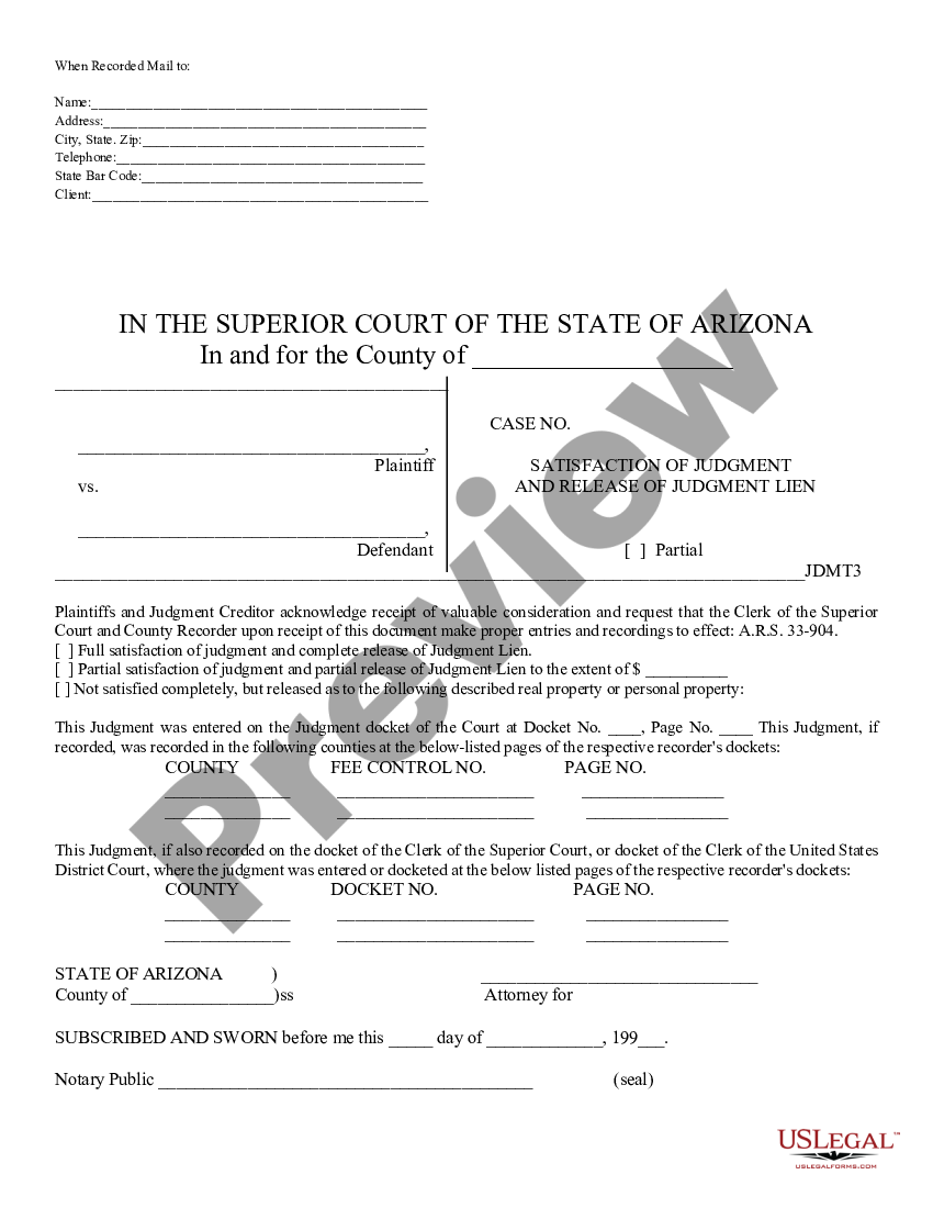 Arizona Satisfaction Of Judgment And Release Of Judgment Lien Arizona Judgment US Legal Forms