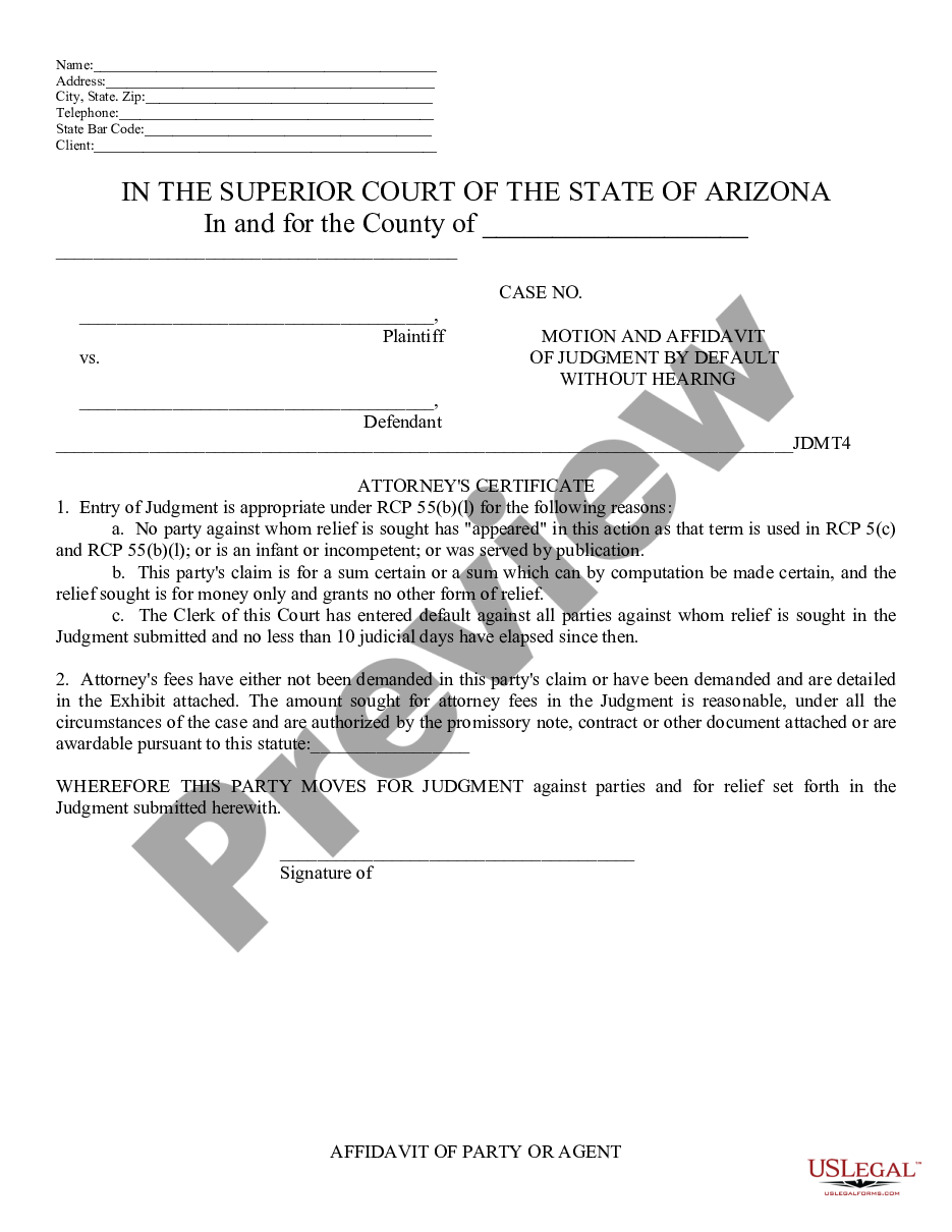 page 0 Motion and Affidavit of Judgment by Default Without Hearing preview
