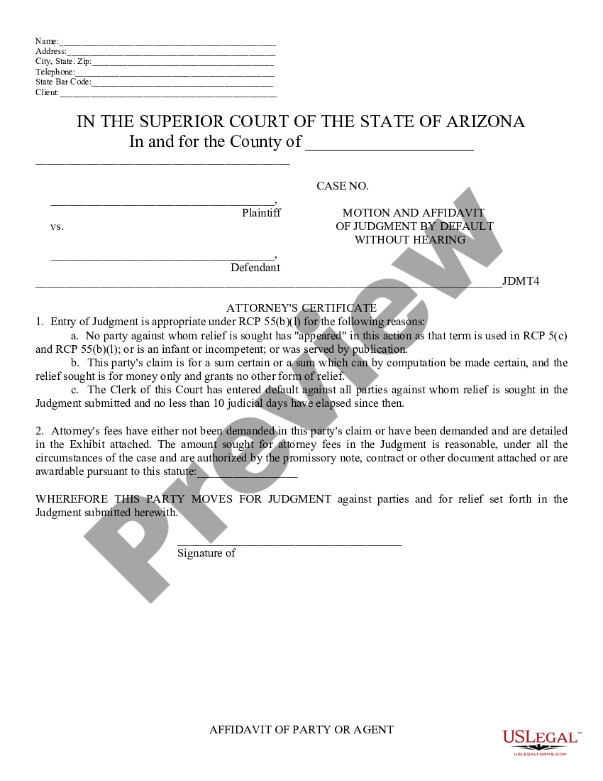 Tucson Arizona Motion and Affidavit of Judgment by Default Without