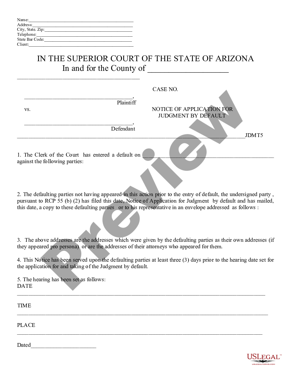 Arizona Notice of Application for Judgment by Default Default