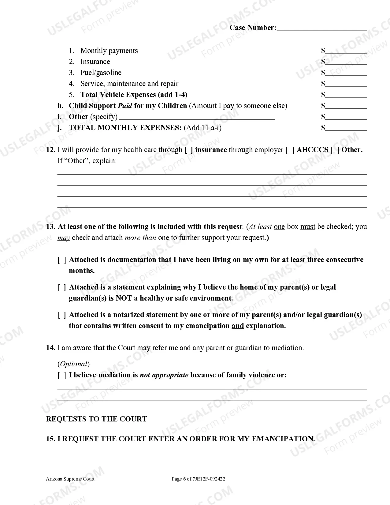 Preview Petition for Emancipation of a Minor