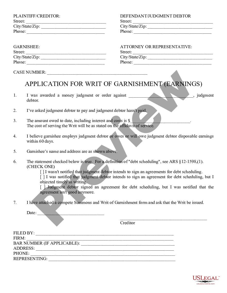 form Application for Writ of Garnishment Earnings preview
