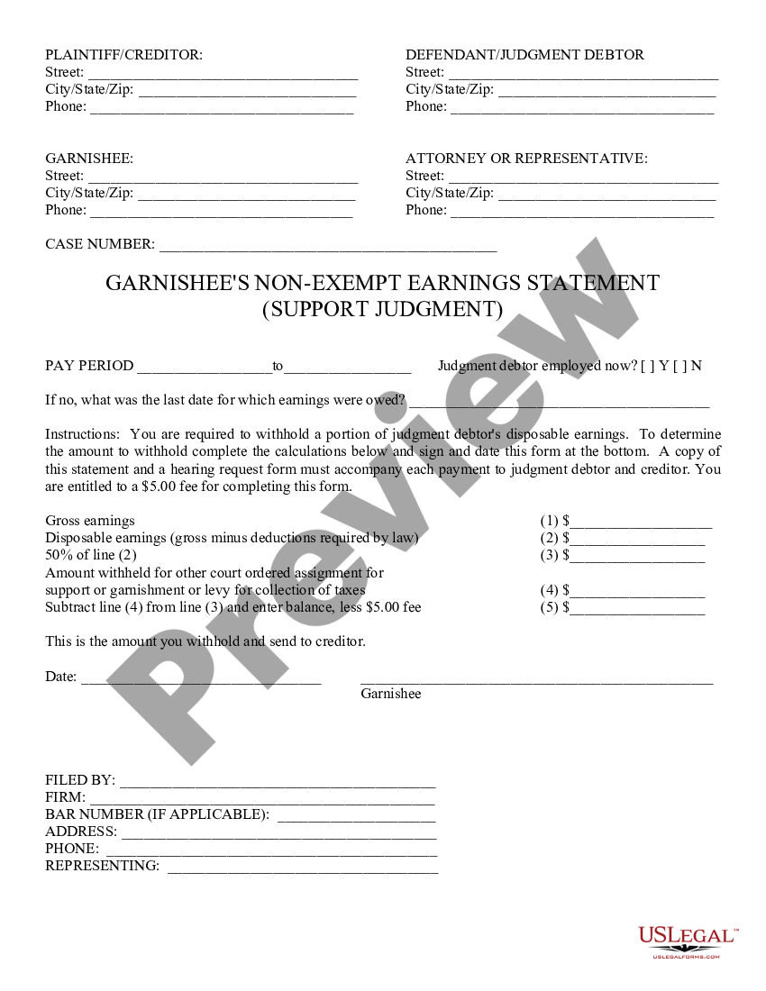 form Garnishee's Nonexempt Earnings Statement - Support preview