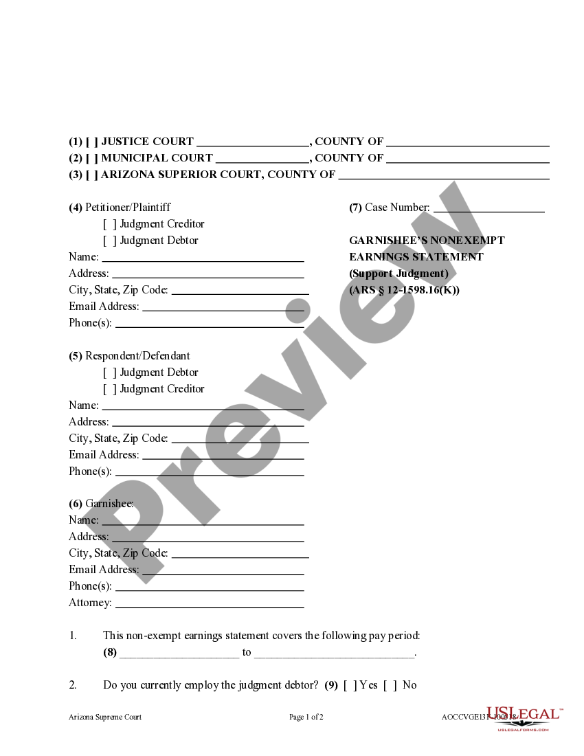 Arizona Garnishee's Nonexempt Earnings Statement Support Garnishee