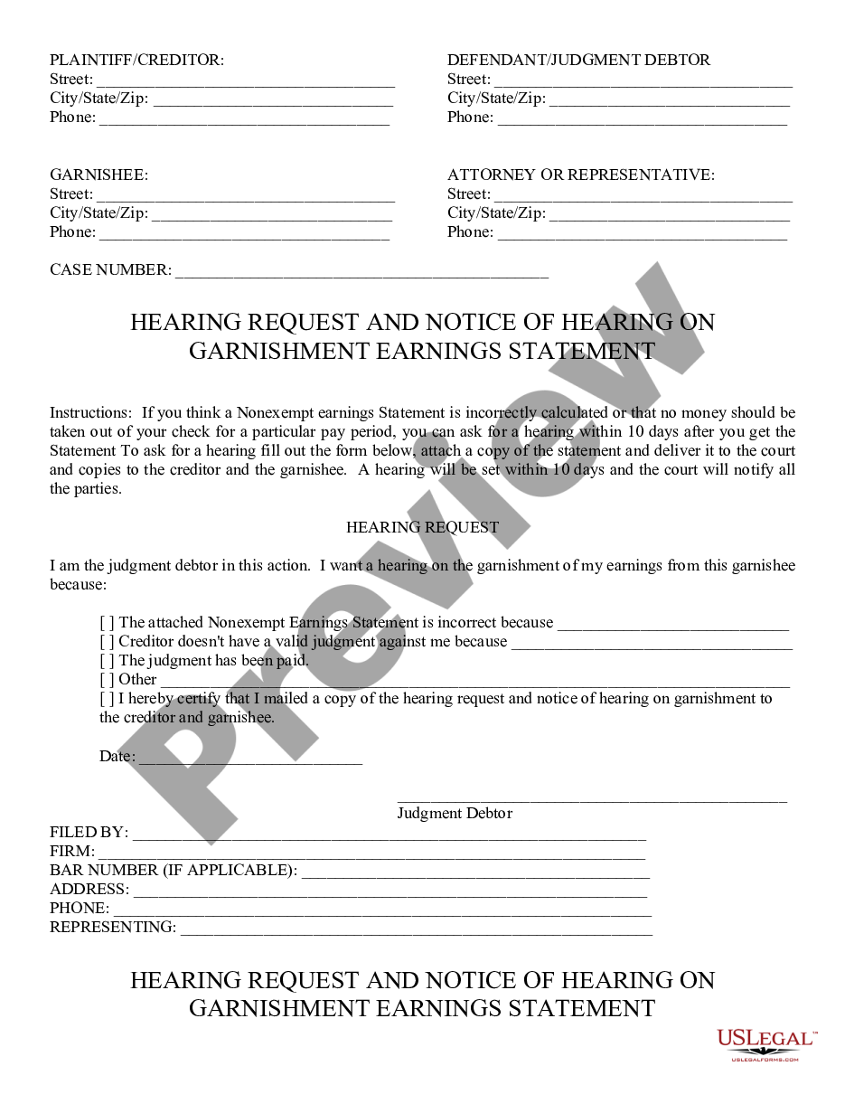 page 0 Request and Notice of Hearing on Garnishment Earnings Statement preview
