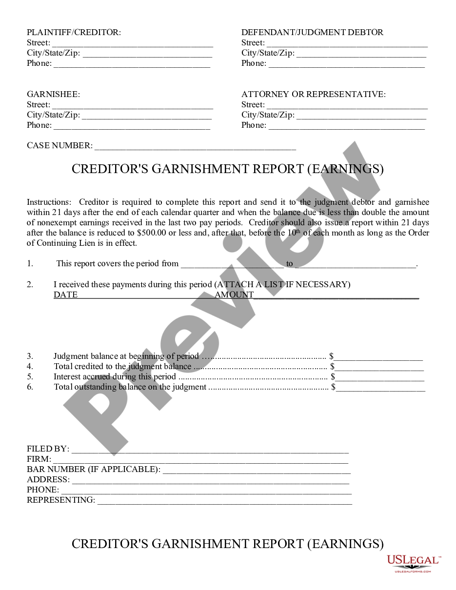 page 0 Creditors Garnishment Report preview