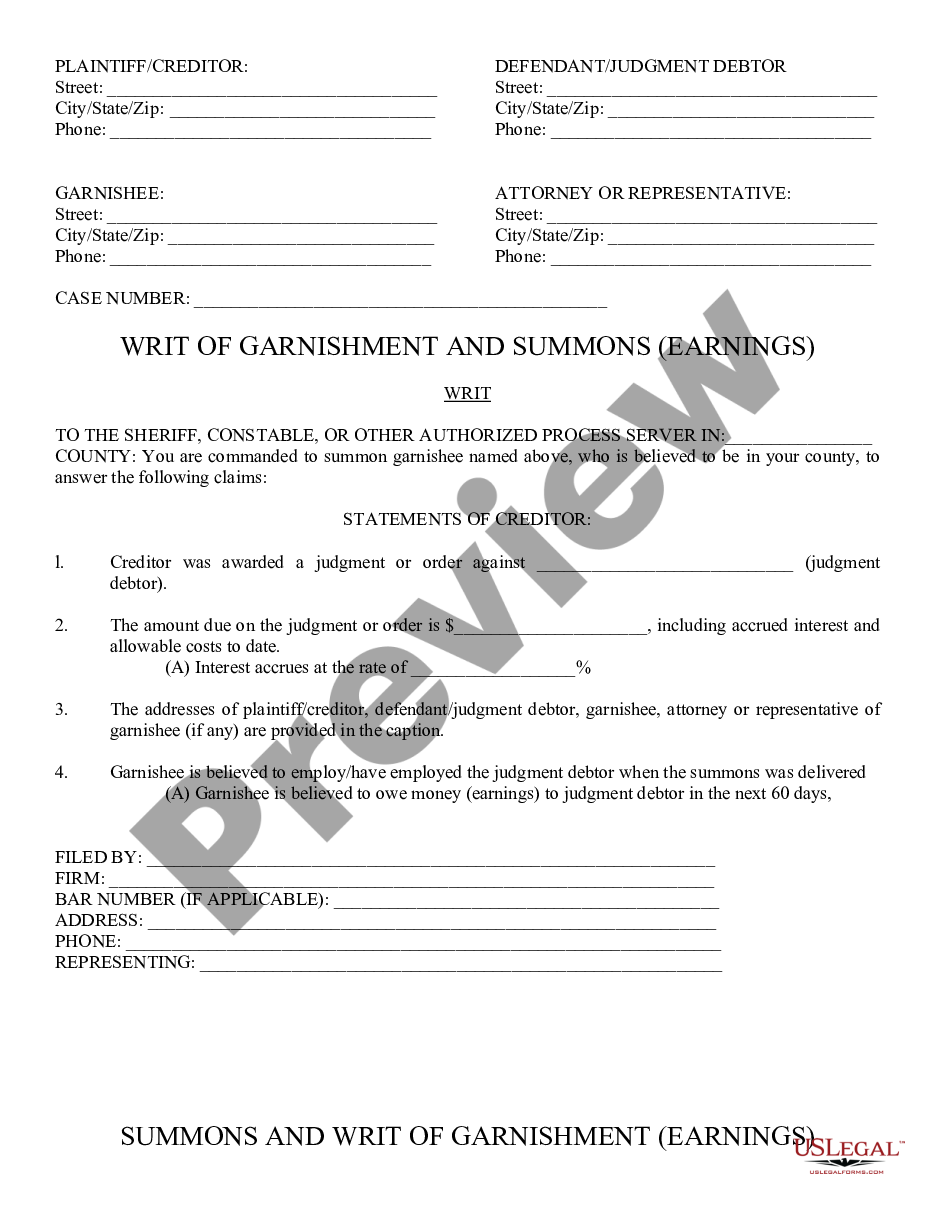 form Writ of Garnishment Earnings and Summons preview