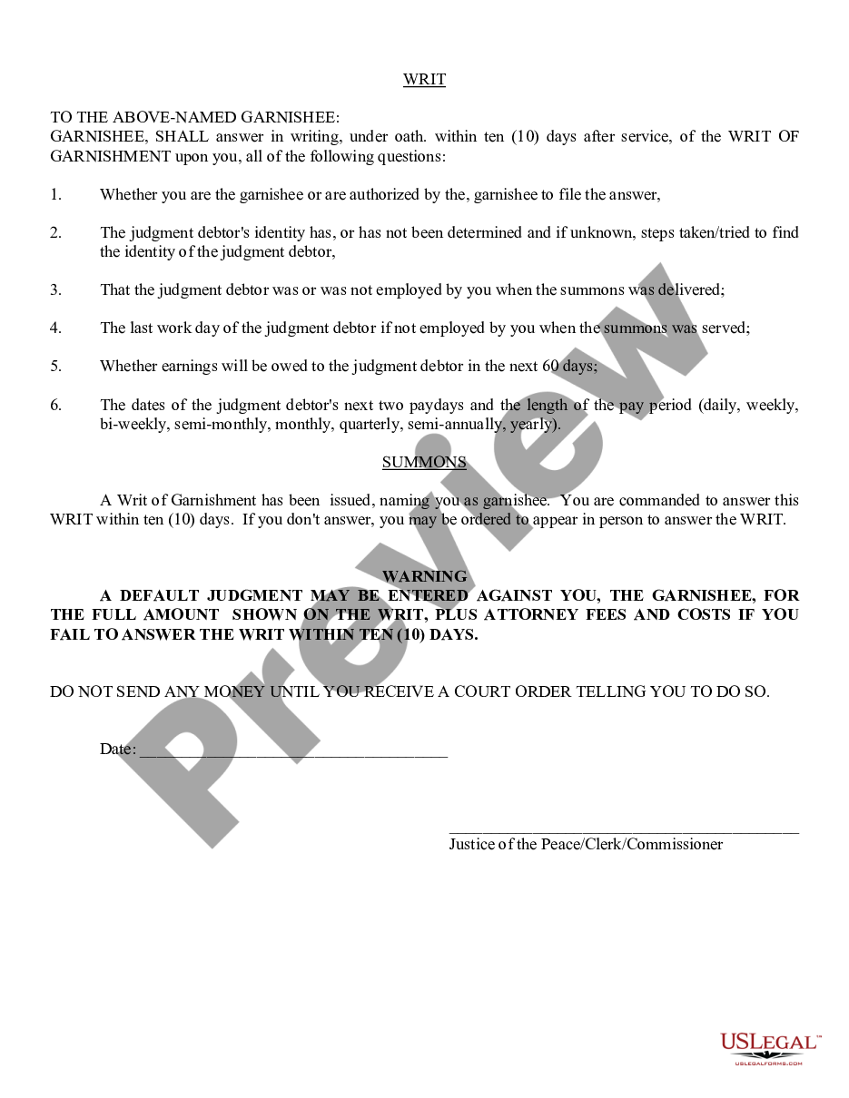 page 1 Writ of Garnishment Earnings and Summons preview