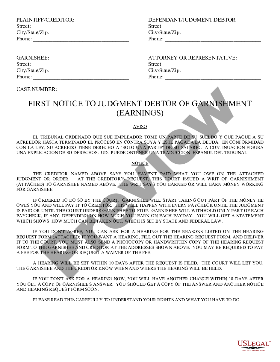 form 1st Notice to Judgment Debtor of Garnishment Earnings preview