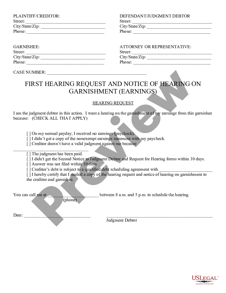 page 0 1st Request and Notice of Hearing of Garnishment Earnings preview