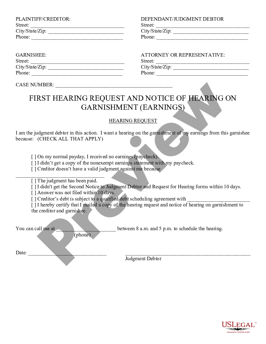 Arizona 1st Request and Notice of Hearing of Garnishment Earnings US