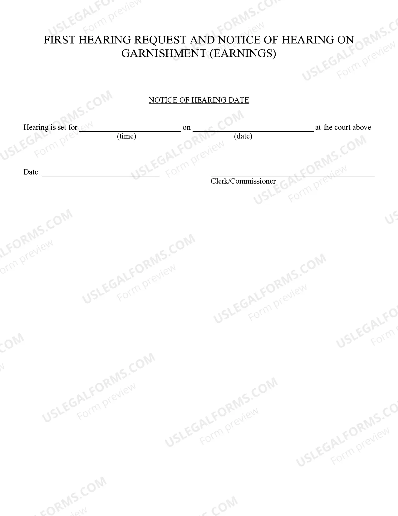 Preview 1st Request and Notice of Hearing of Garnishment Earnings