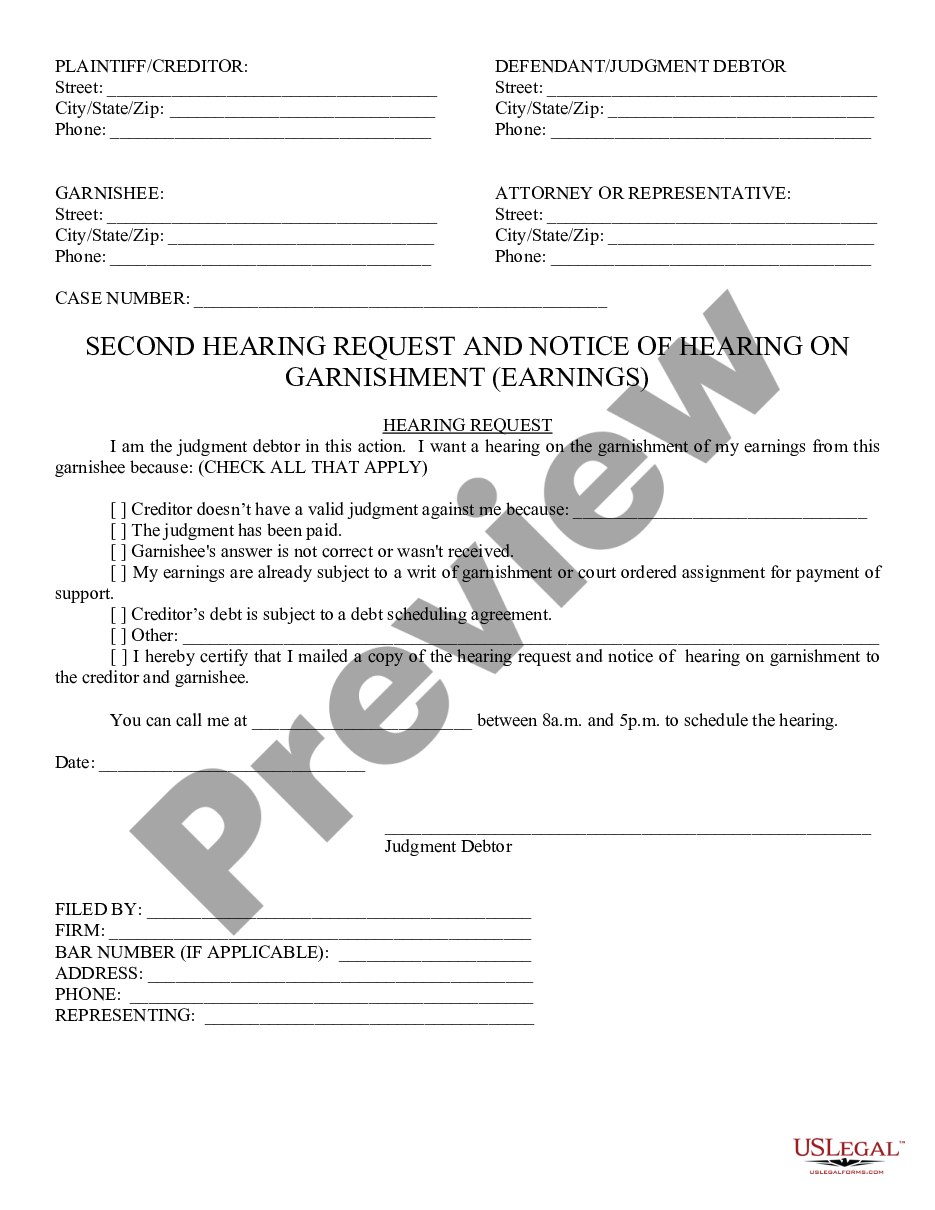 page 0 2nd Request and Notice of Hearing of Garnishment Earnings preview