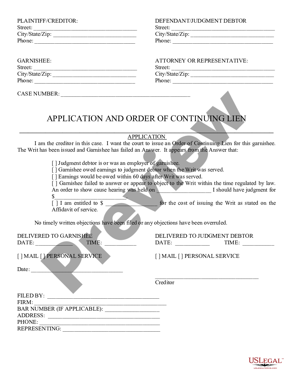page 0 Application and Order of Continuing Lien preview