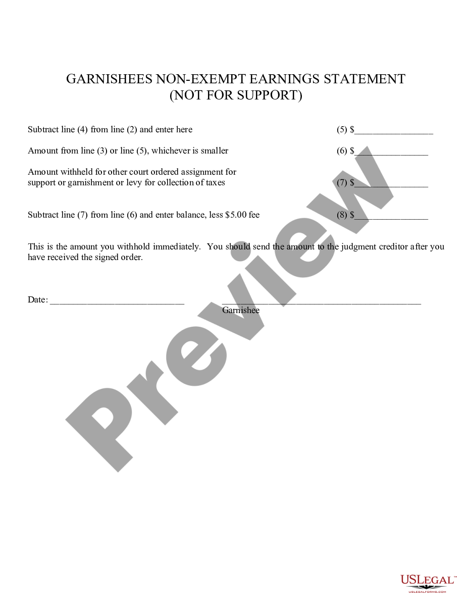 page 1 Garnishee's Nonexempt Earnings Statement - Nonsupport preview