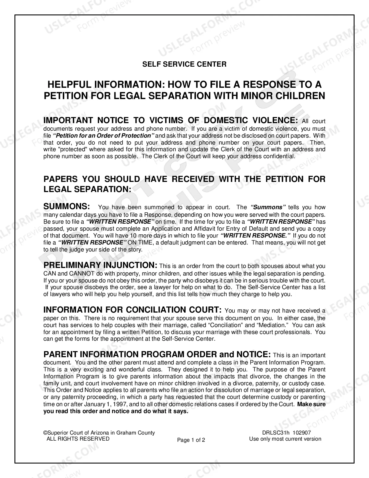 Preview Response to Petition for Legal Separation with Minor Children for Respondent Only