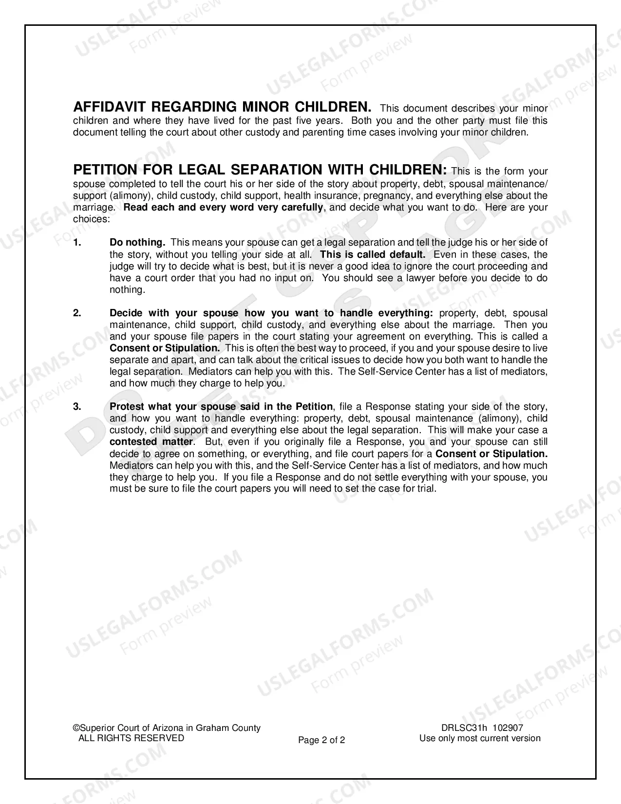Preview Response to Petition for Legal Separation with Minor Children for Respondent Only
