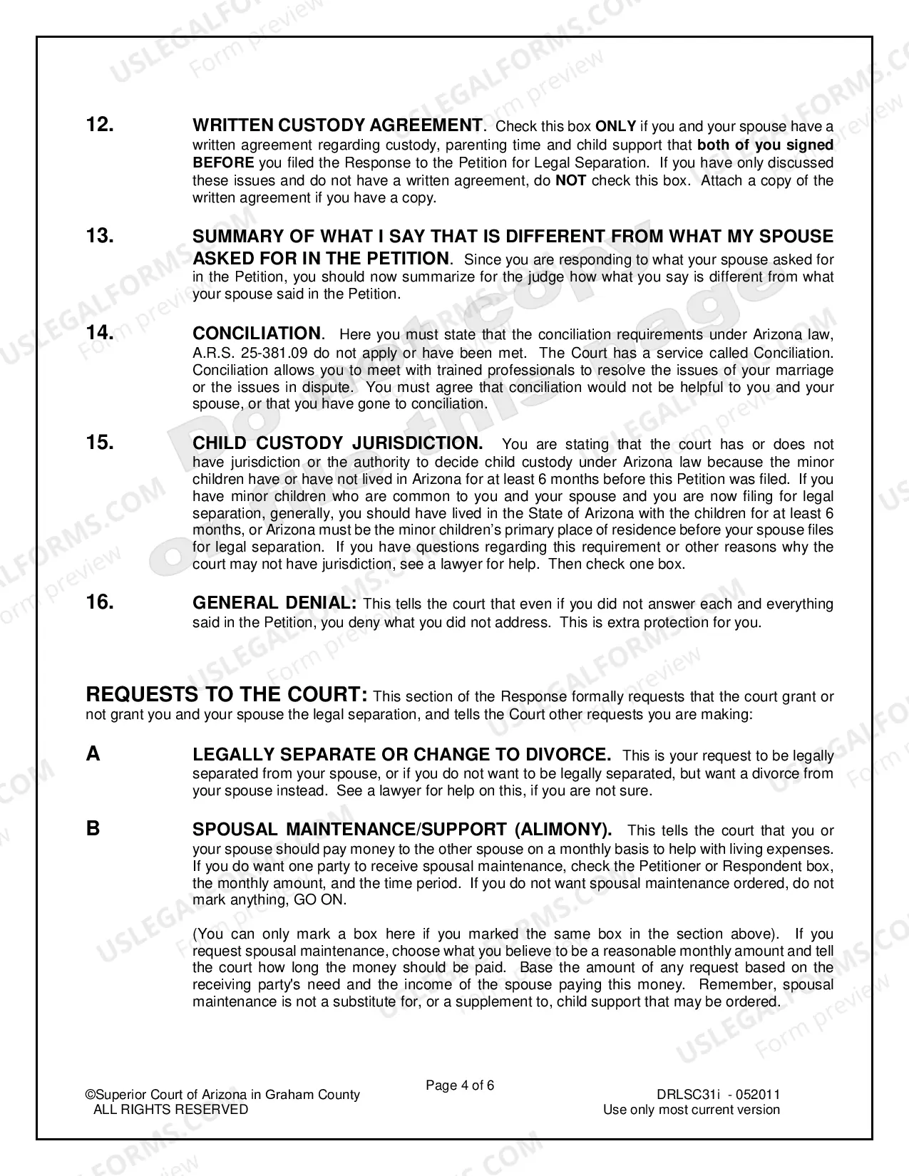 Preview Response to Petition for Legal Separation with Minor Children for Respondent Only