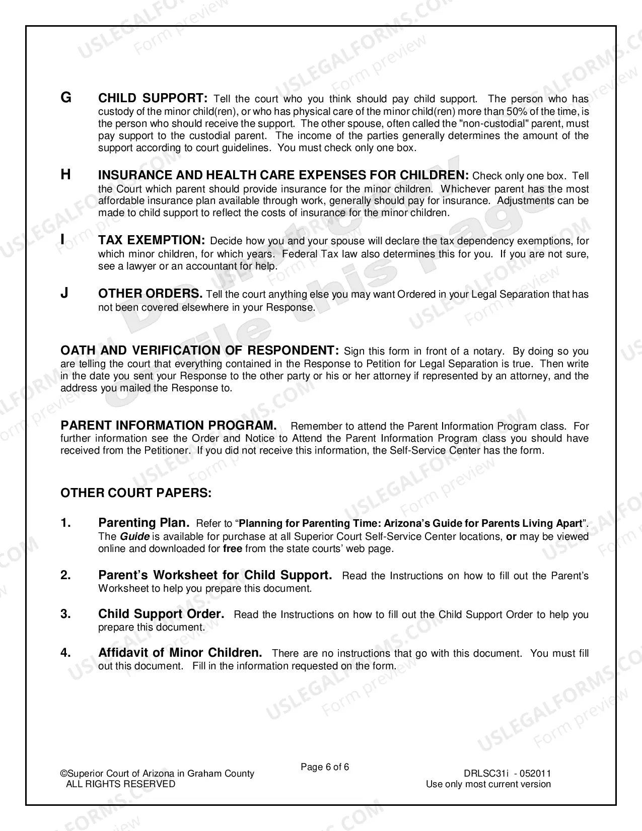 Preview Response to Petition for Legal Separation with Minor Children for Respondent Only