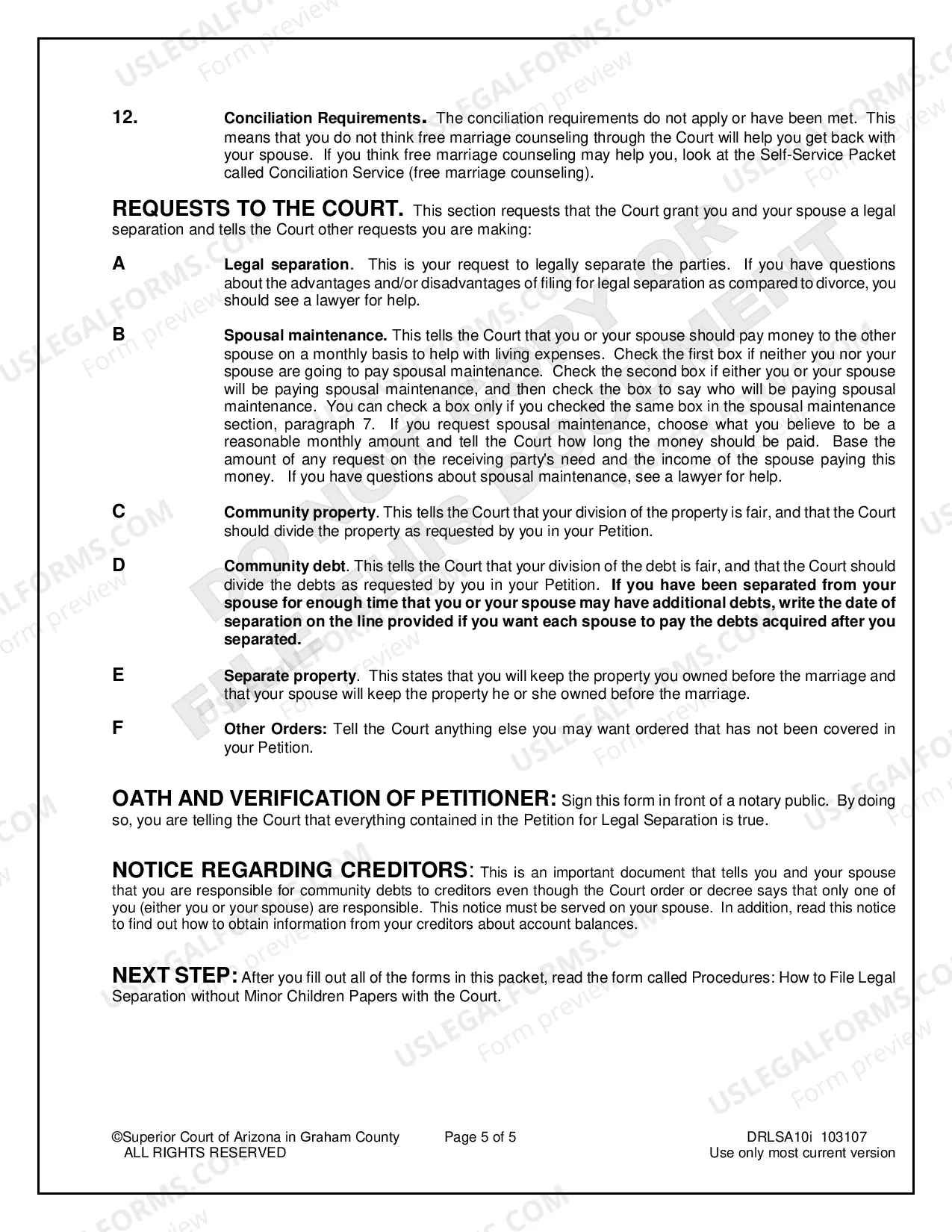 Preview Petition for Legal Separation without Minor Children for Petitioner Only