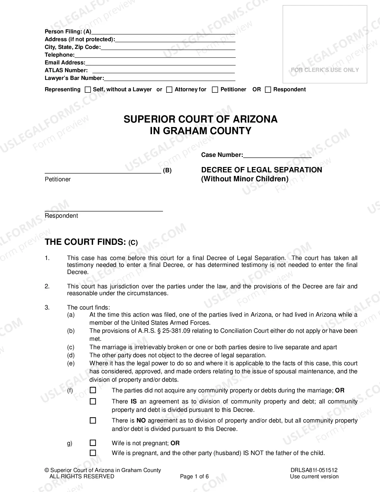 Preview Final Order for Legal Separation without Minor Children