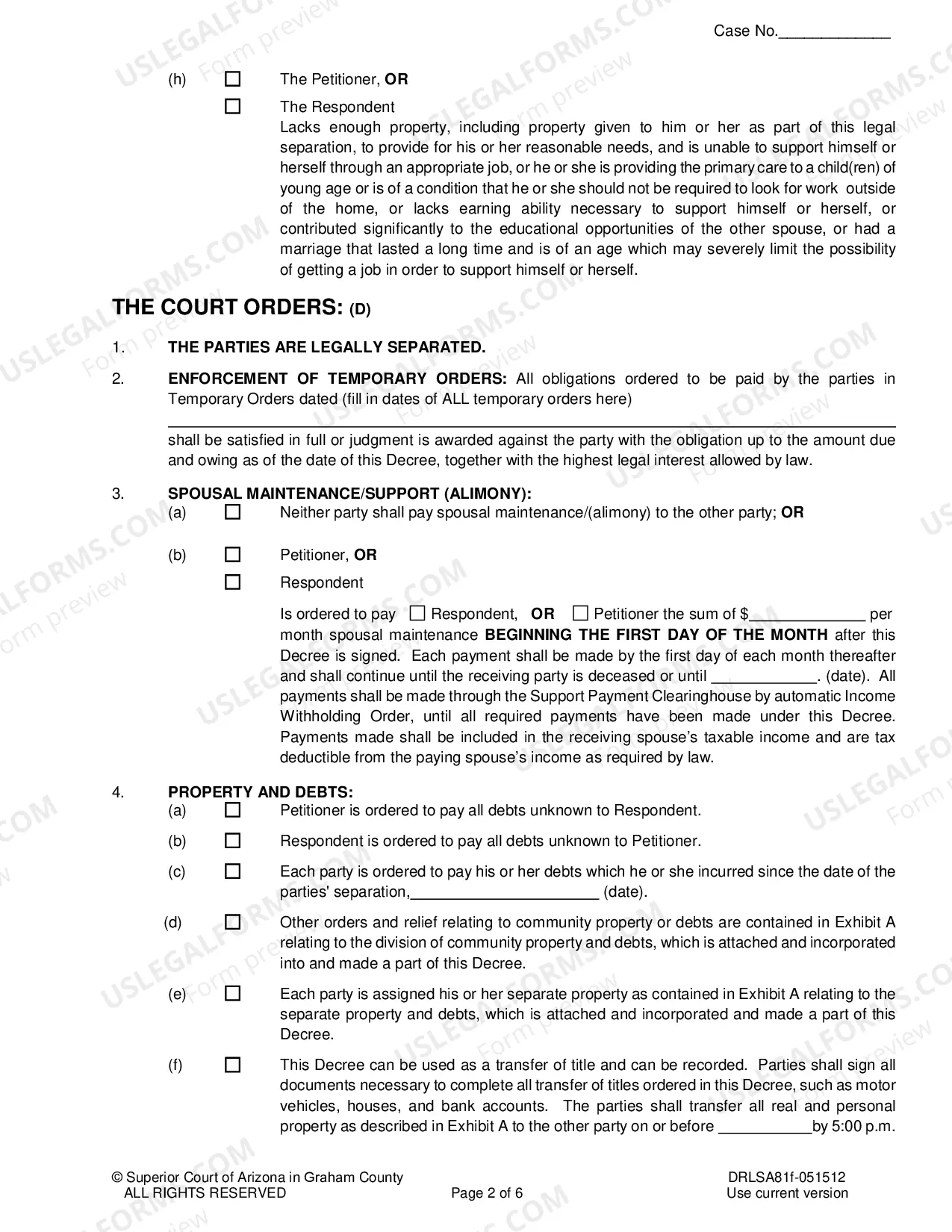 Preview Final Order for Legal Separation without Minor Children