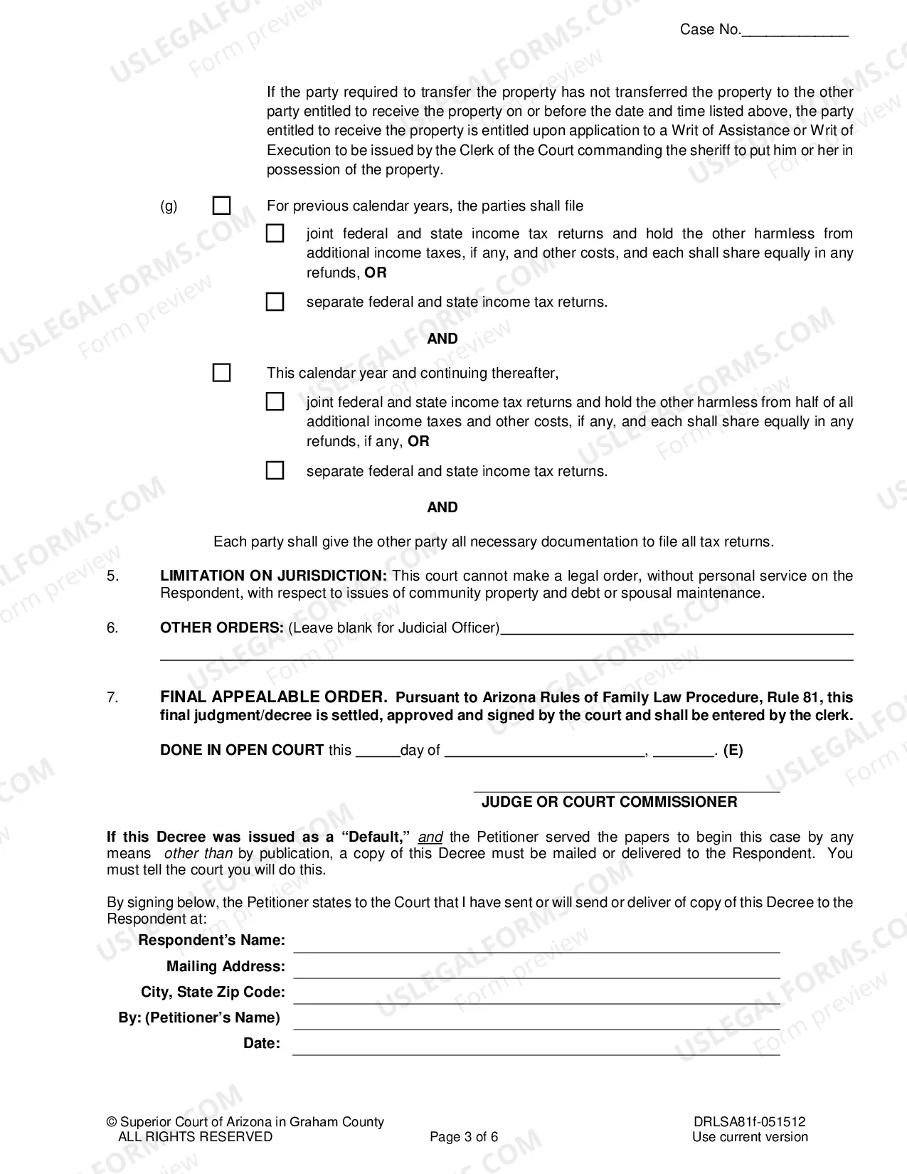 Preview Final Order for Legal Separation without Minor Children