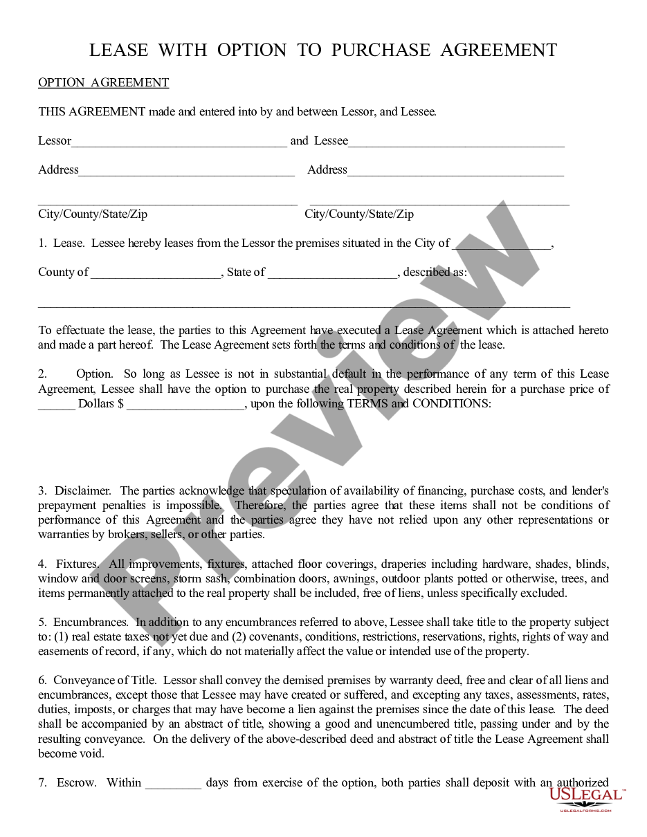 form Lease with Option to Purchase - Lease or Rent to Own preview