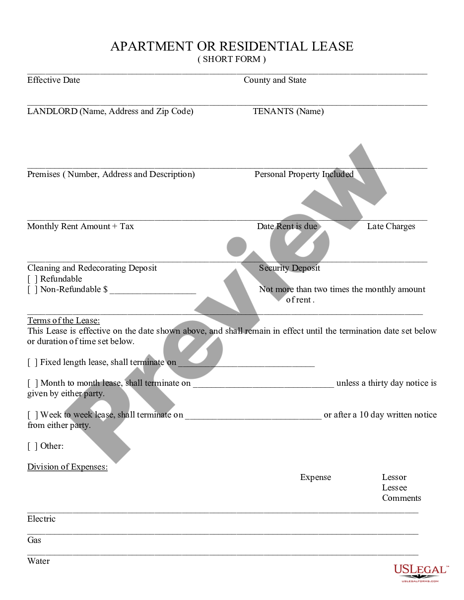 form Residential Lease - Rental - Short Form 1 preview