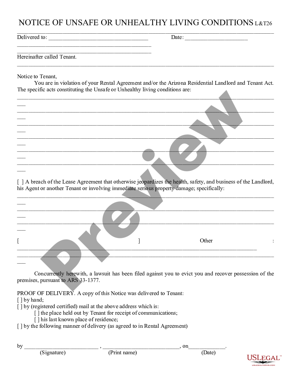 form Notice of Unhealthy or Unsafe Living Conditions Landlord to Tenant preview
