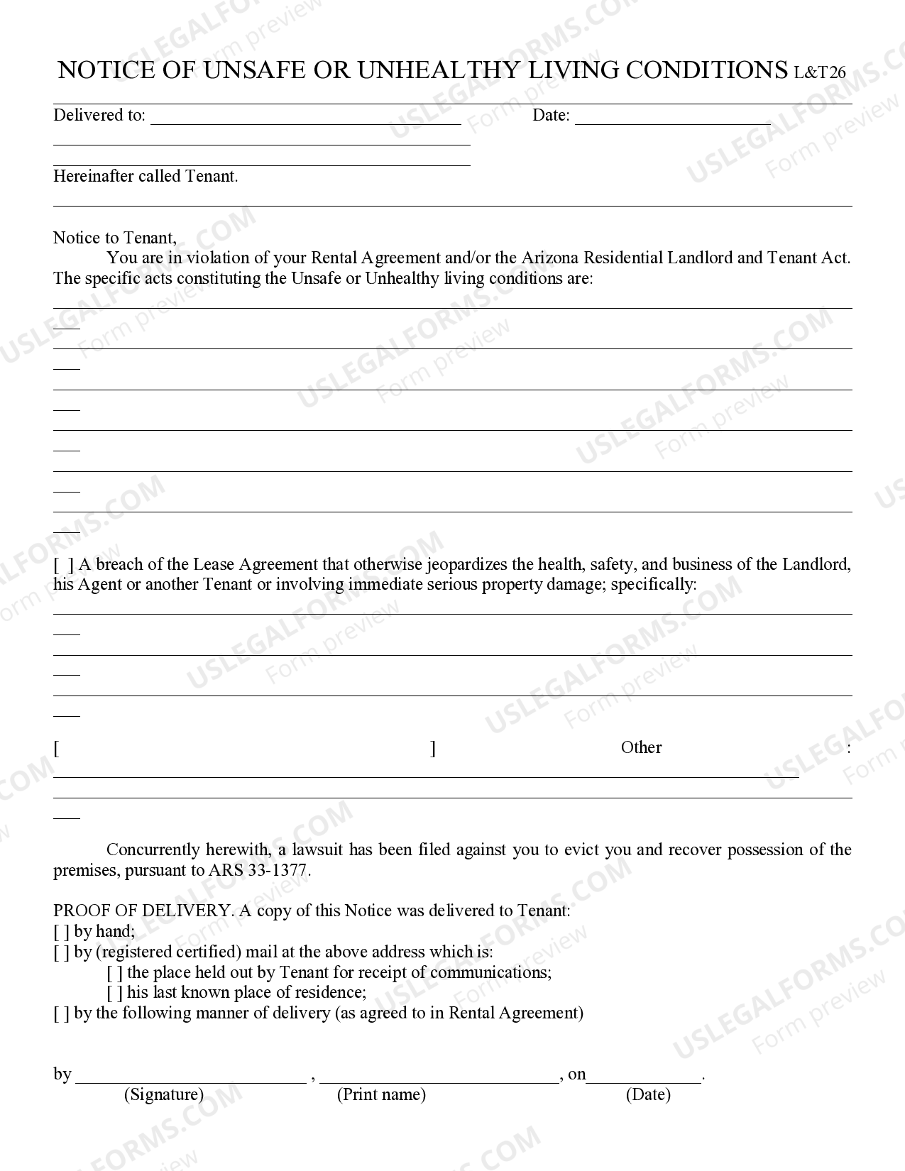Arizona Notice of Unhealthy or Unsafe Living Conditions Landlord to
