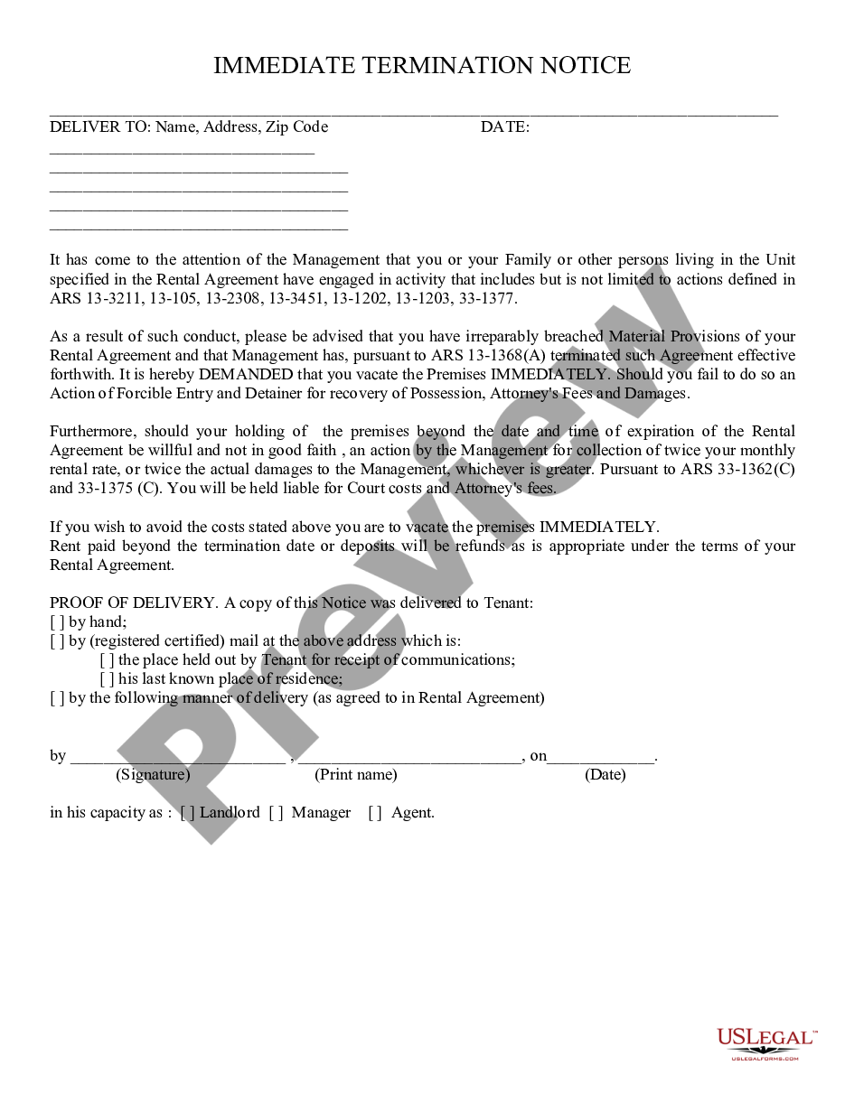 form Notice of Immediate Termination preview