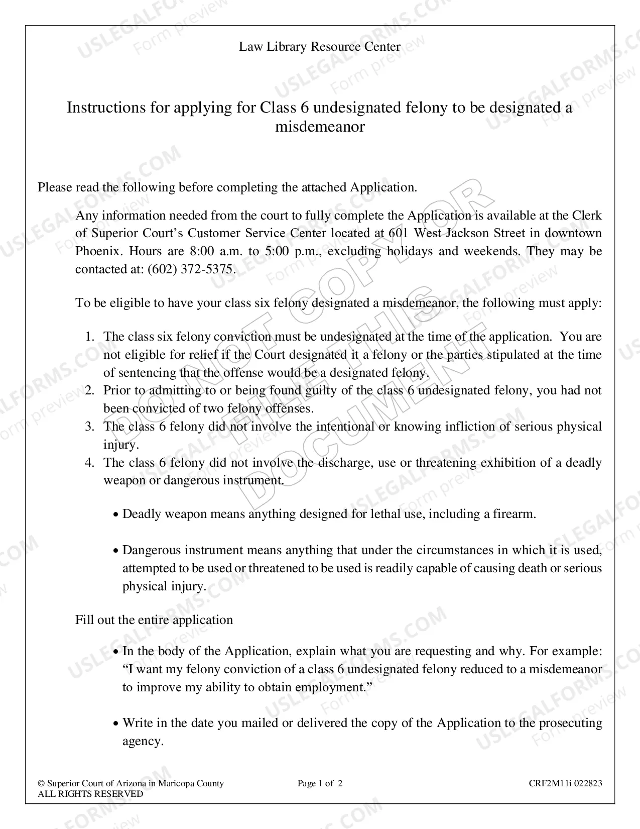 Preview Reduce Class 6 Felony to a Misdemeanor - Instructions & Forms