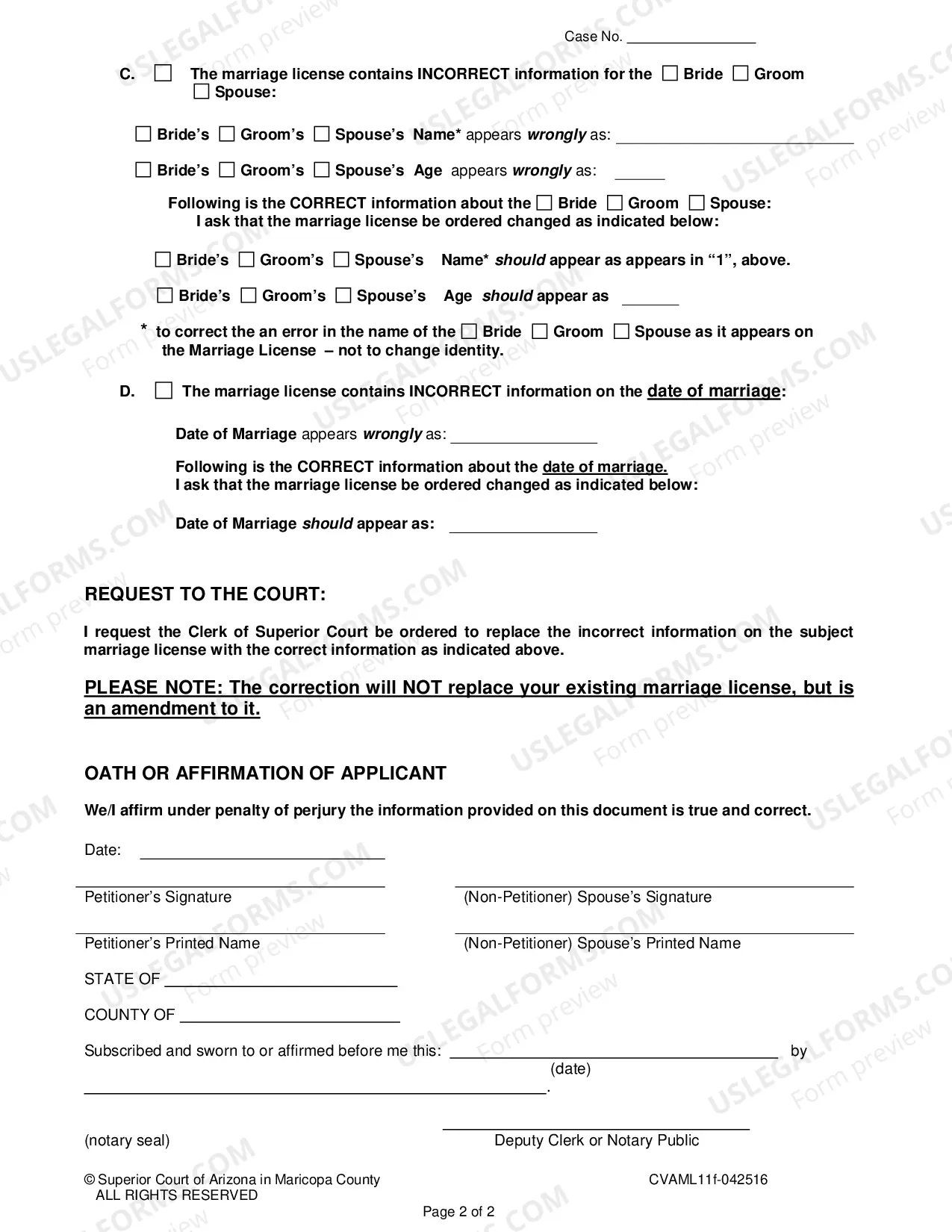 Preview Application To Correct Marriage License Issued In Maricopa County