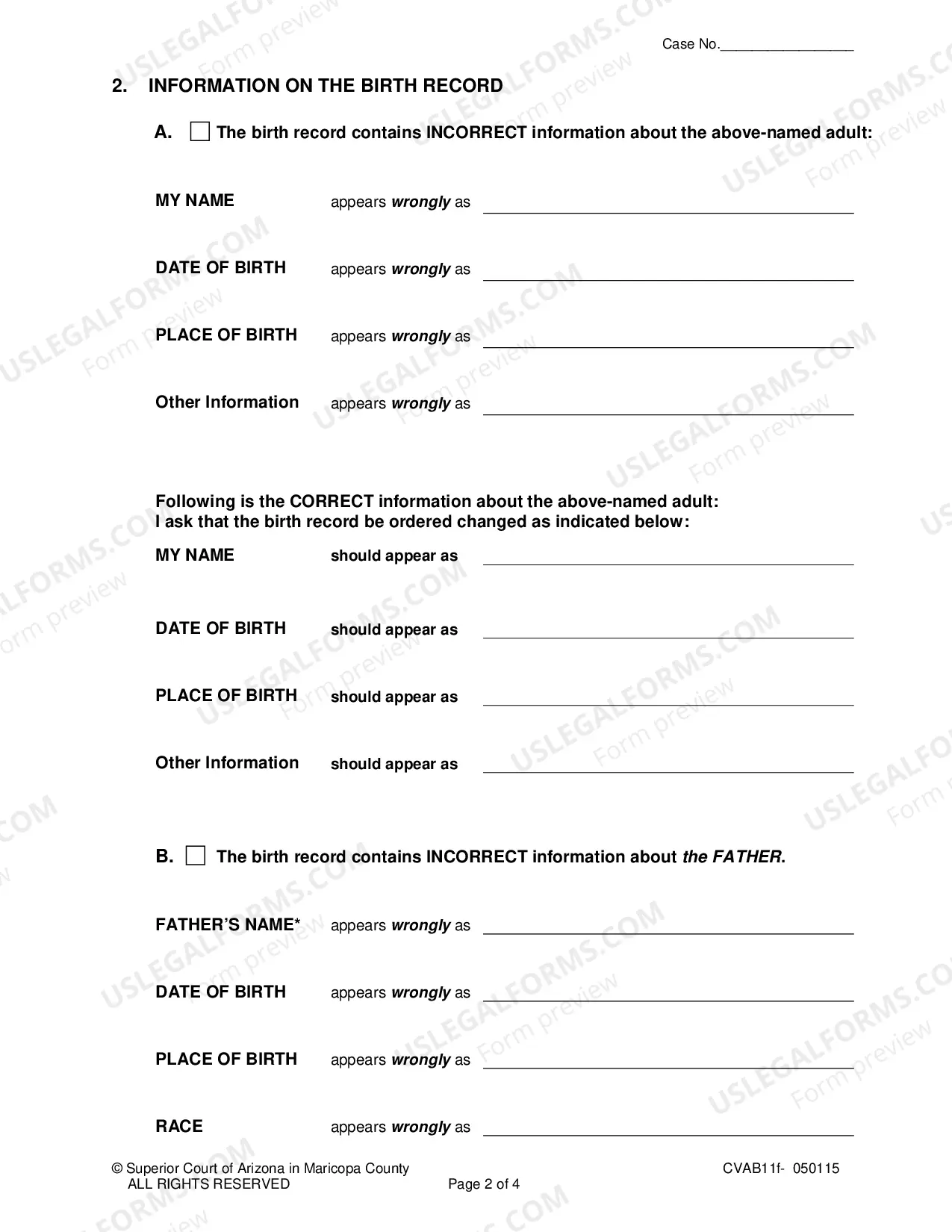 Preview Petition For Court Order To Amend a Arizona Birth Certificate Of An Adult