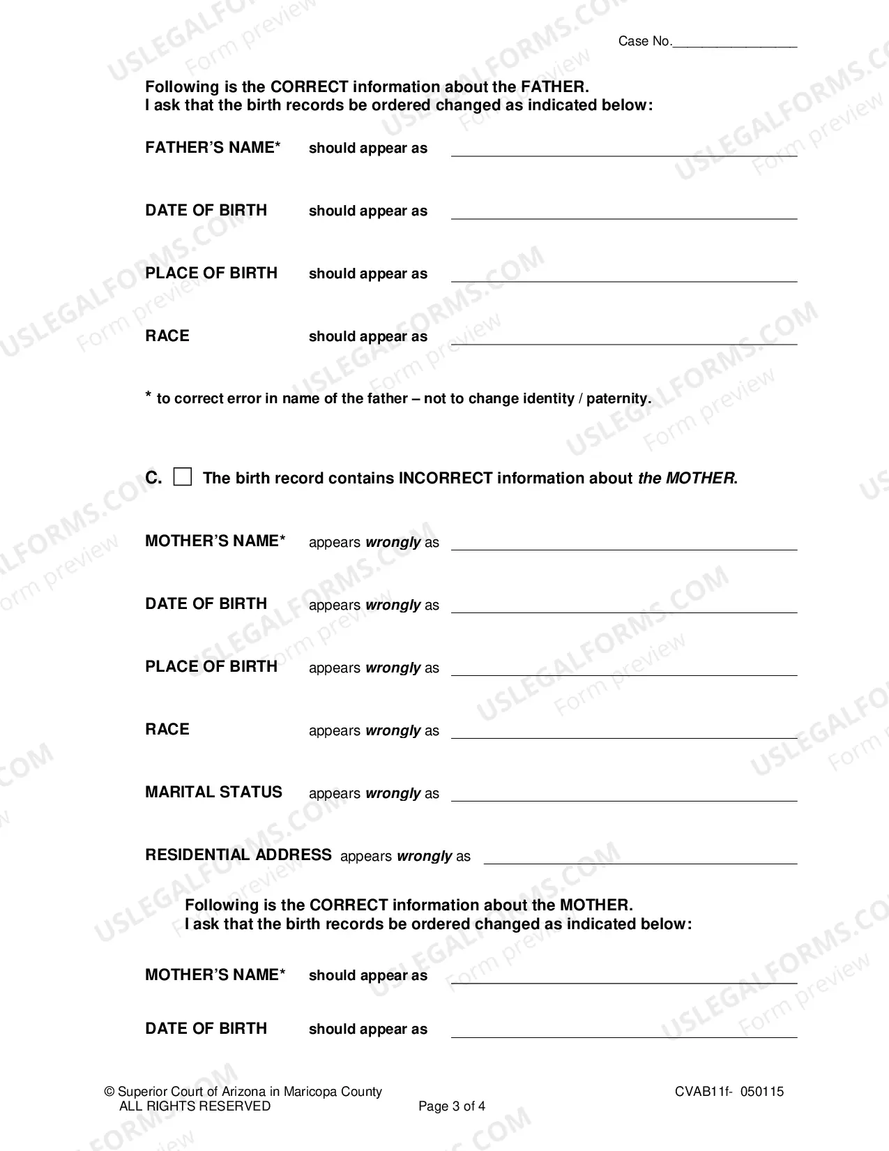 Preview Petition For Court Order To Amend a Arizona Birth Certificate Of An Adult
