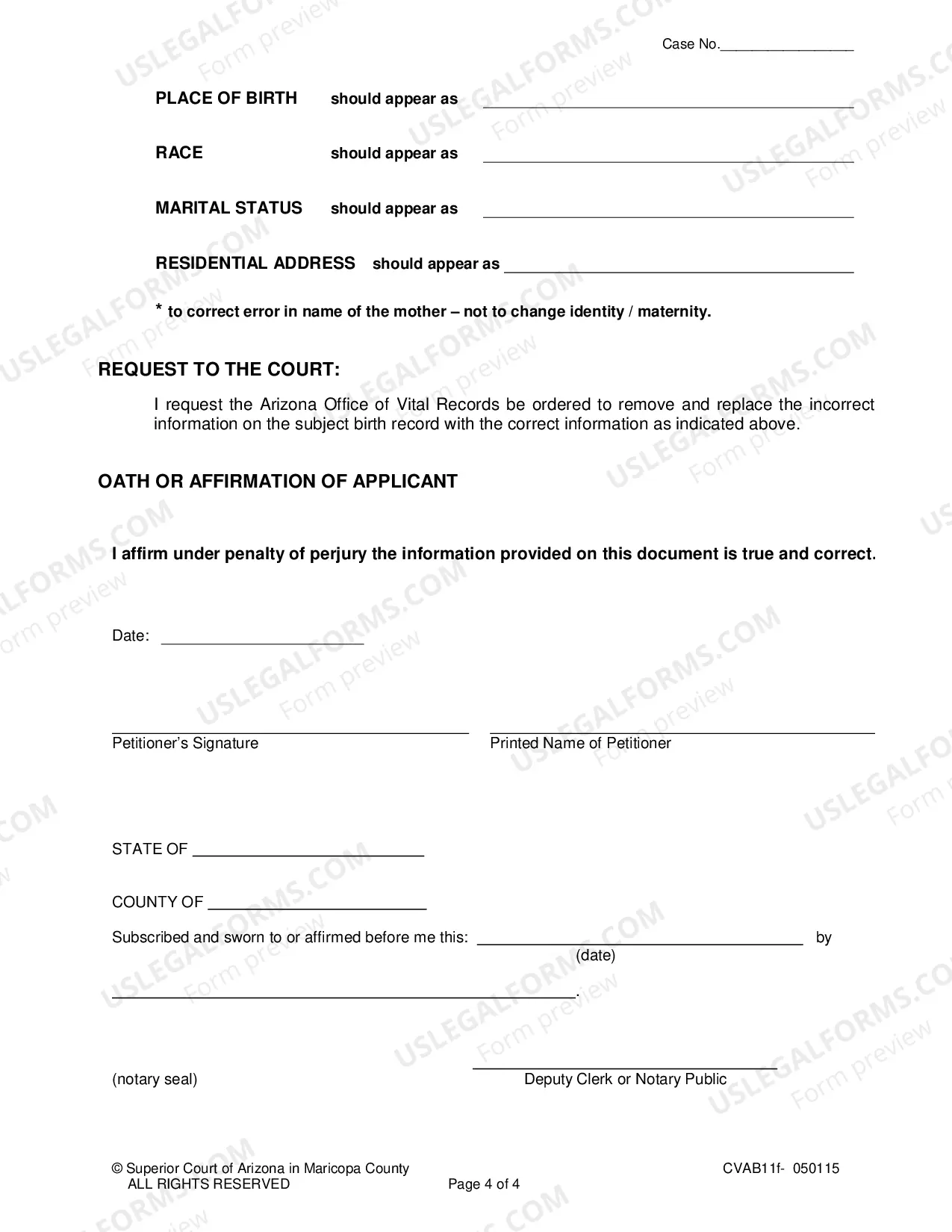 Preview Petition For Court Order To Amend a Arizona Birth Certificate Of An Adult