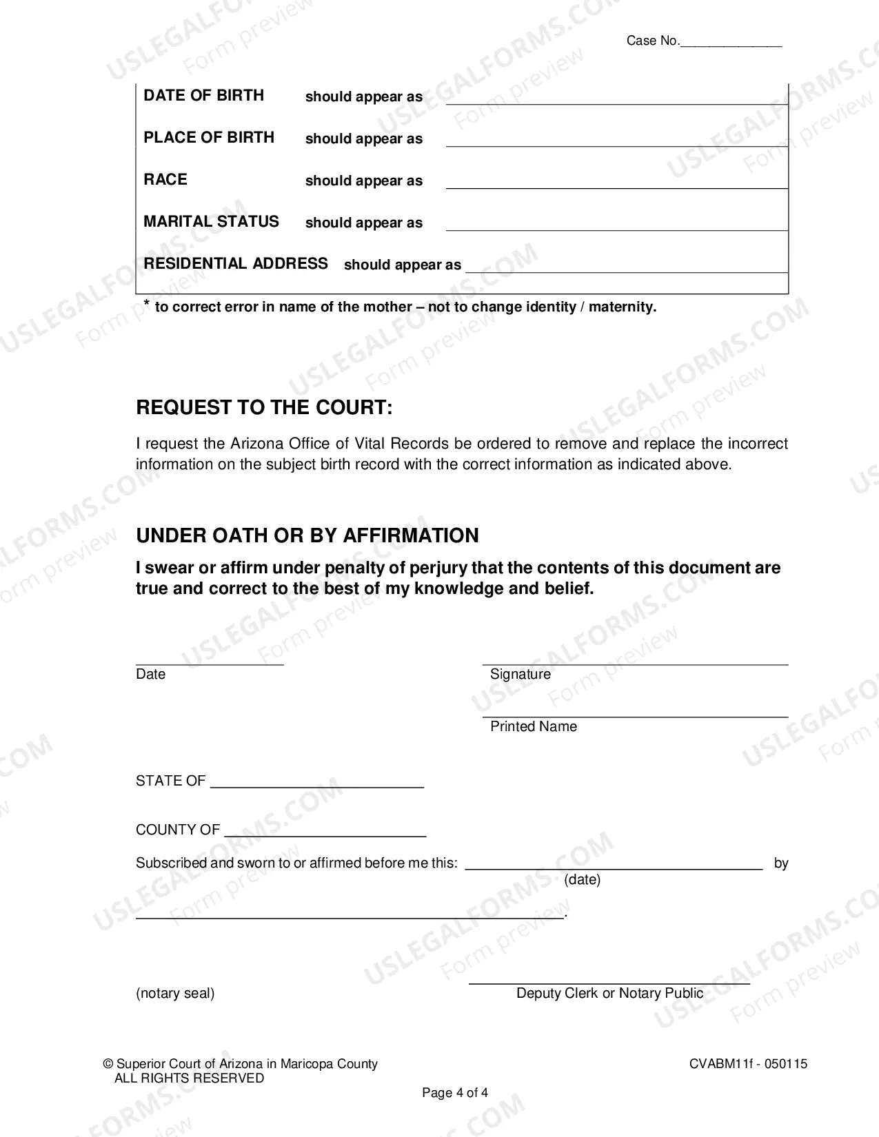 Preview Petition for Court Order to Amend an Arizona Birth Certificate of a Minor