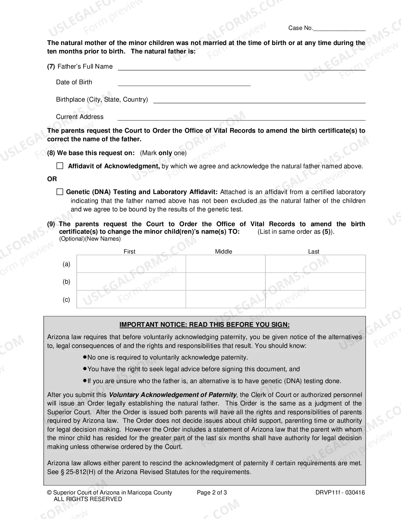 Preview Voluntary Acknowledgment Of Paternity and Request for Order