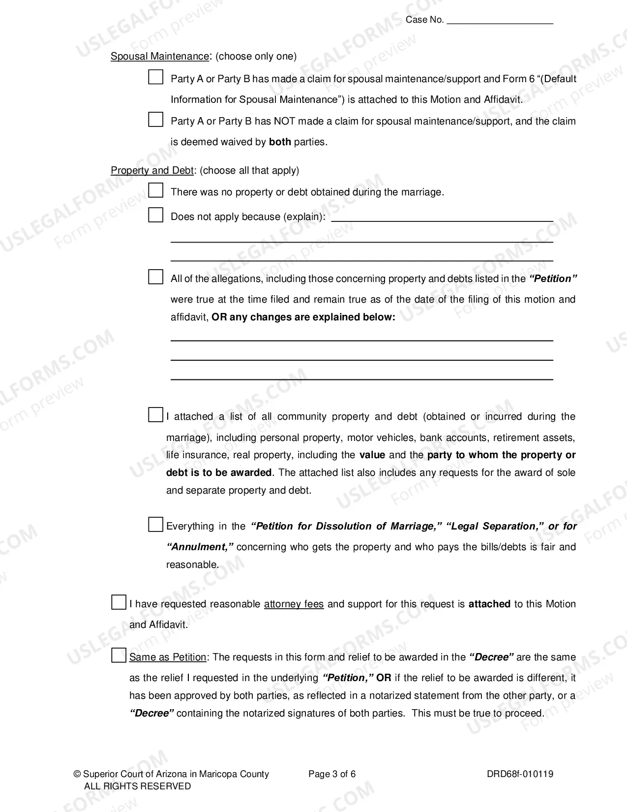 Preview Motion and Affidavit for Default Divorce, Legal Separation or Annulment - Without a Hearing