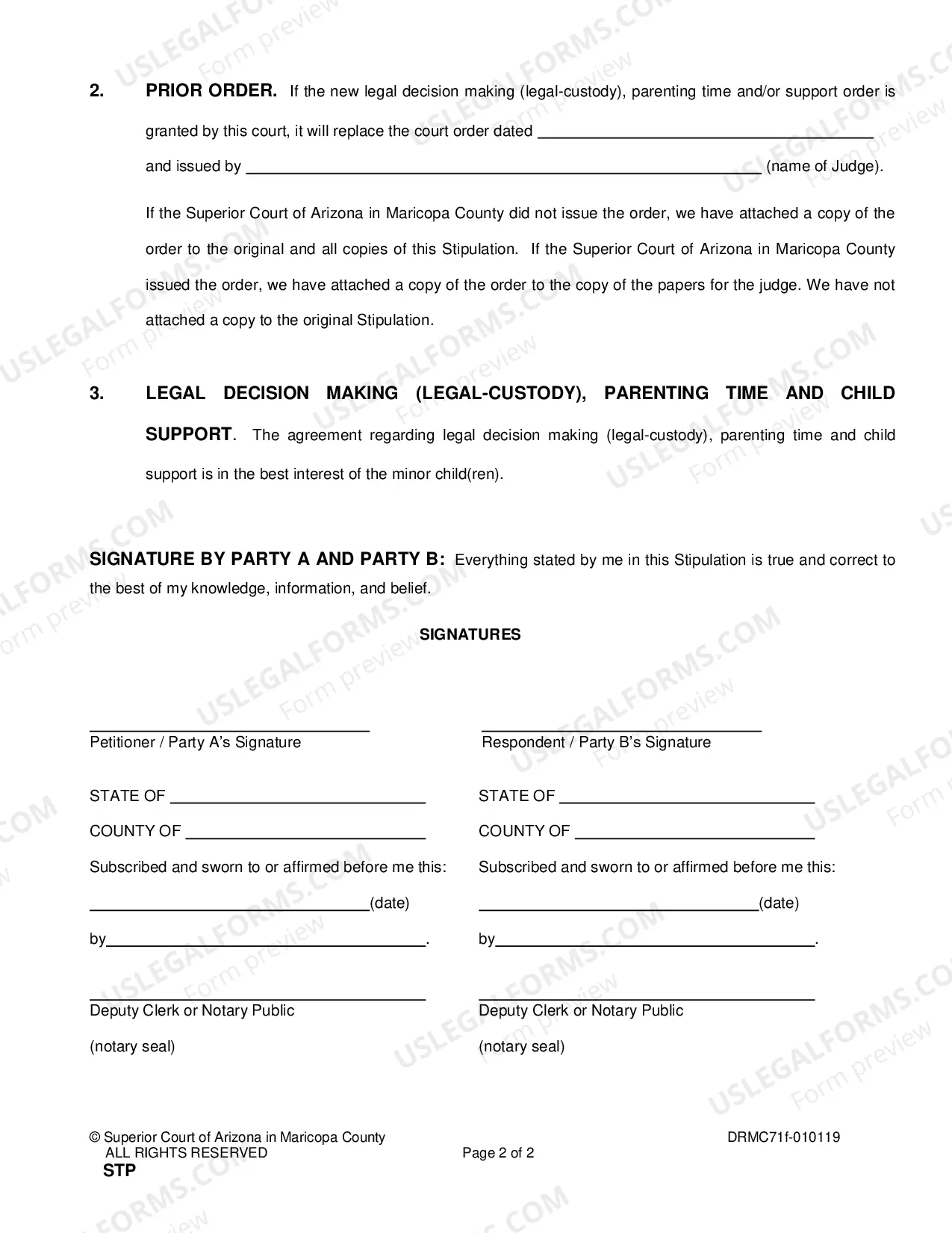 Preview Stipulation to Modify the Prior Court Order Regarding Legal Decision Making ((Custody)), Parenting Time and Child Support